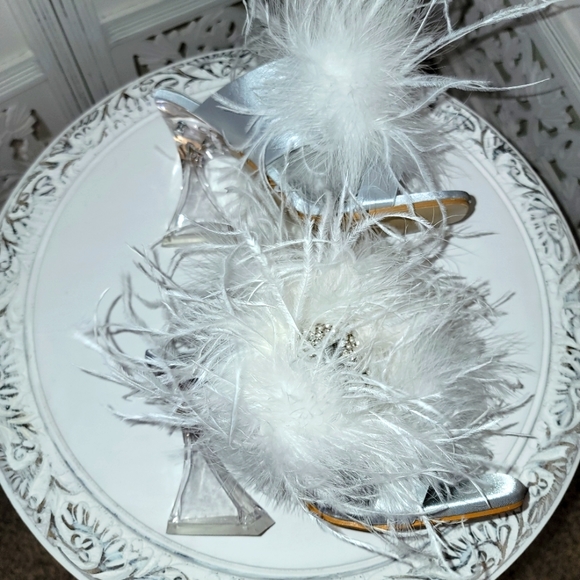 "WHITE SWAN" Silver & White Feather Crystal Heels - Picture 3 of 6